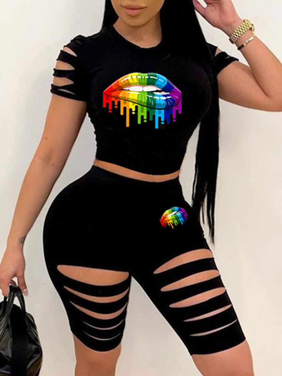 LovelyWholesale Lip Print Ripped Shorts Set Summer Short Sleeve Street Cut Out Round Neck Spring Summer 2024