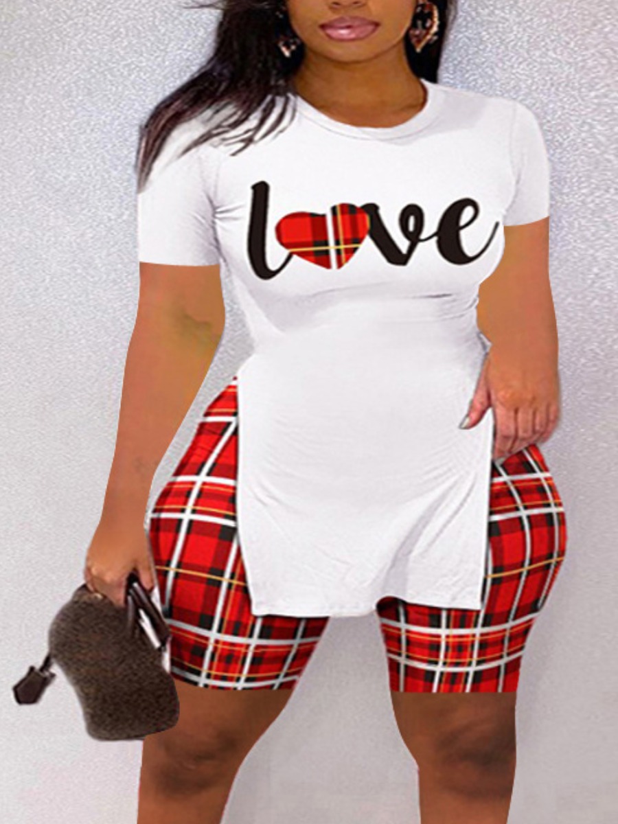 LovelyWholesale Plus Size Plaid Letter Print Shorts Set Summer Short Sleeve Casual Split Round Neck  4X Spring Summer 2024