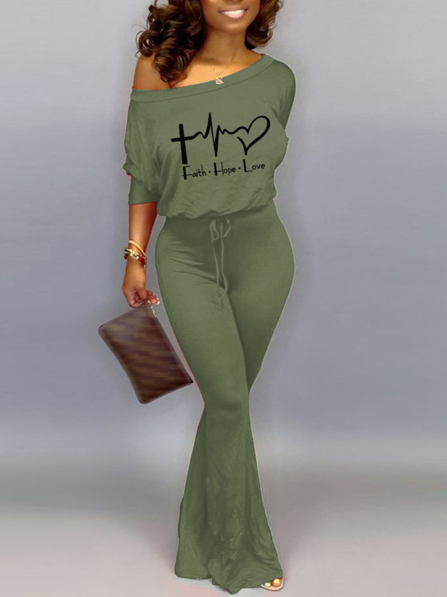 LW Letter Print Drawstring Flared Jumpsuit