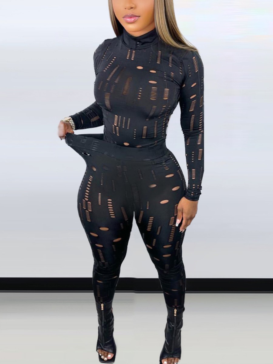 LovelyWholesale SXY Ripped Stretchy Cut Out Pants Set Fall Long Sleeve Sxy Ripped Turtleneck Spring Summer 2024