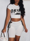 LW Chic Letter Print Bandage Hollow-out Design White Two Piece Shorts Set