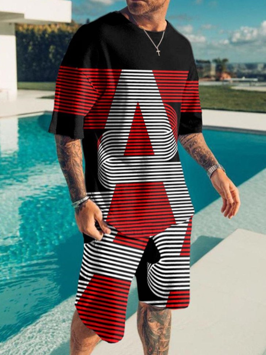 LW Men Letter Print Striped Shorts Set