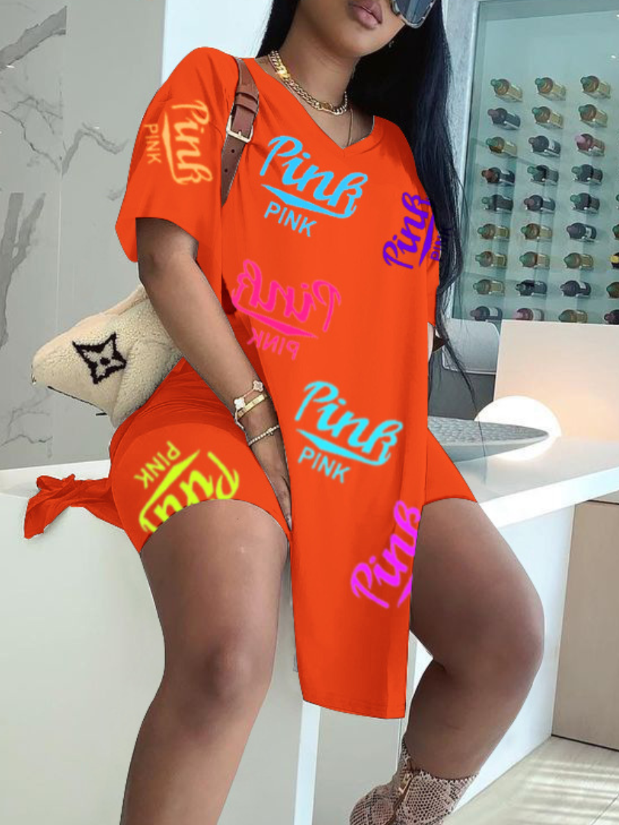 LW Letter Print Split Shorts Set