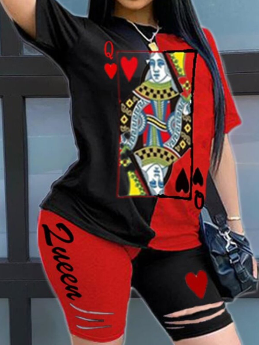 LW Poker Face Print Ripped Shorts Set