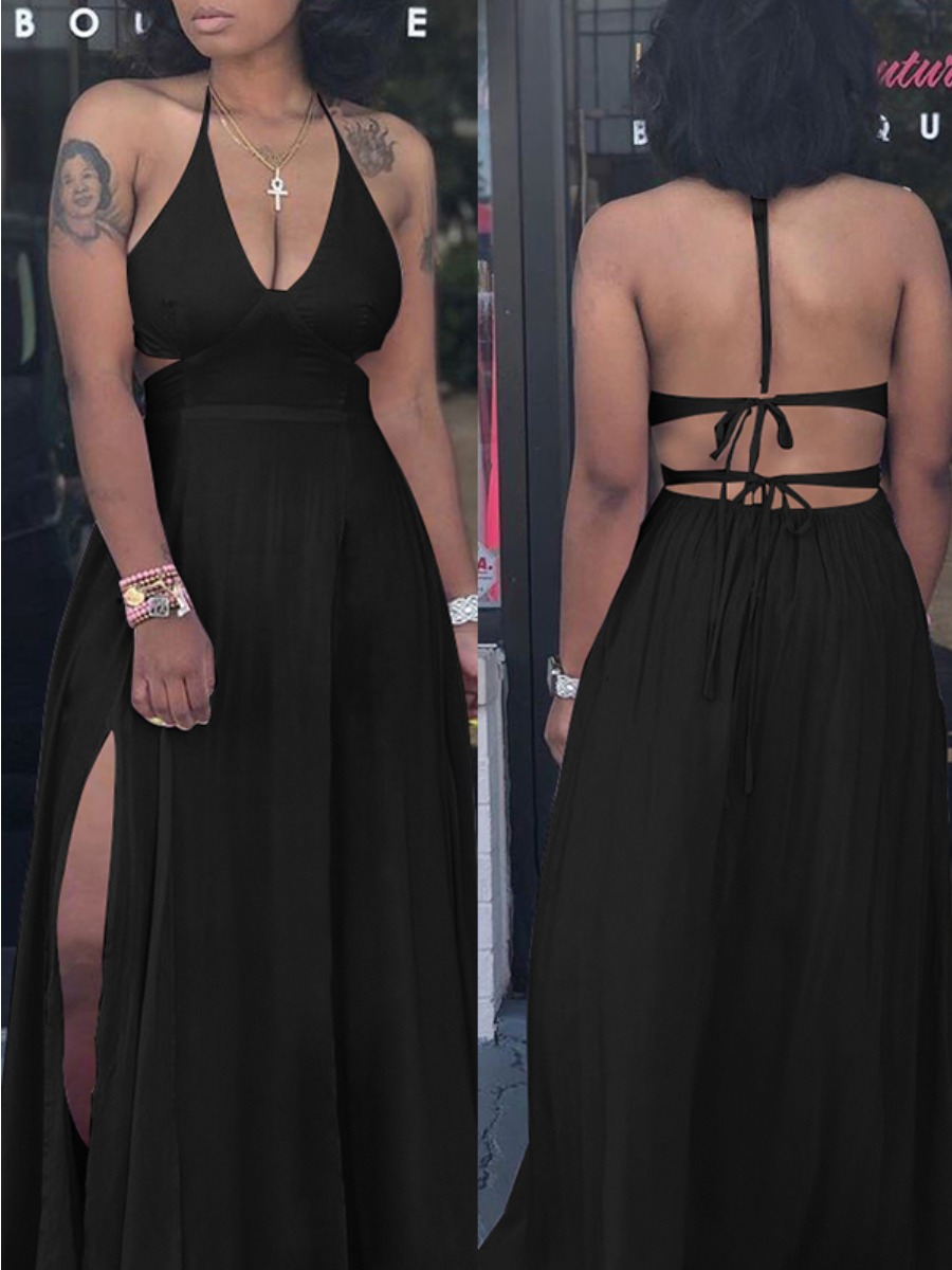 LW Trendy Spaghetti Straps Slit Black Floor Length Dress