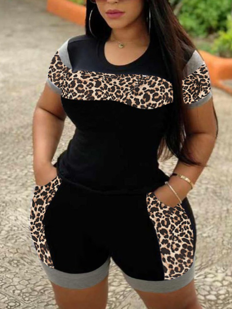 LW Plus Size Leopard Print Patchwork Shorts Set
