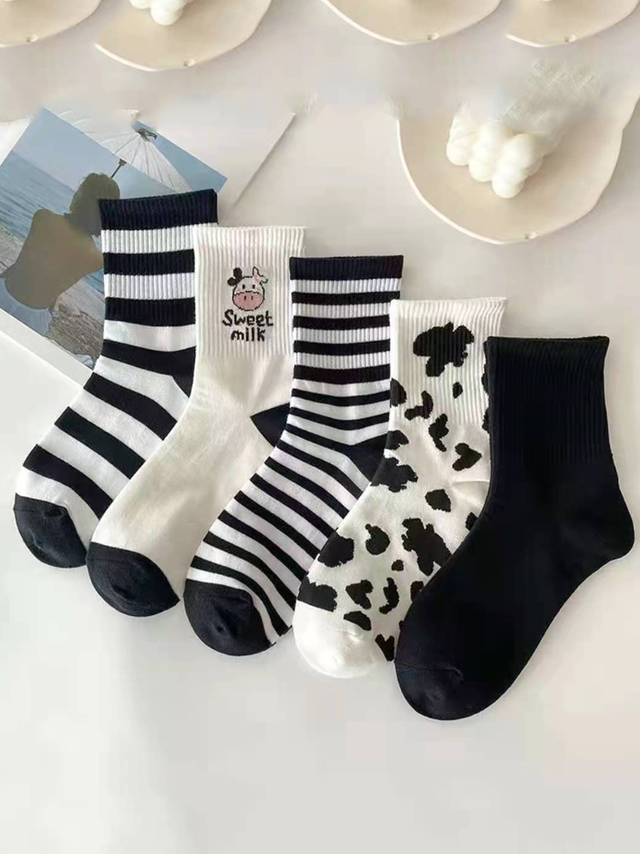 LW COTTON 5-piece Striped Letter Print Socks