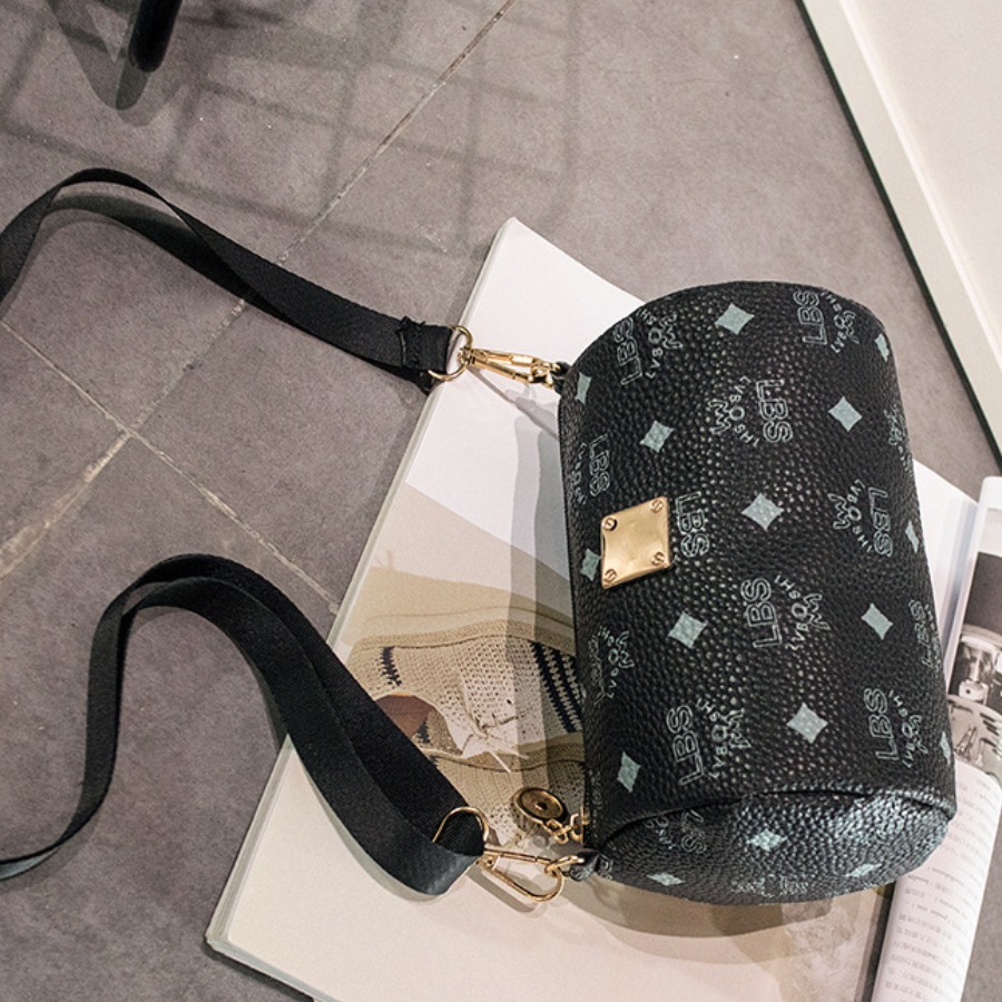LW Faux Leather Letter Print Cylindrical Crossbody Bag