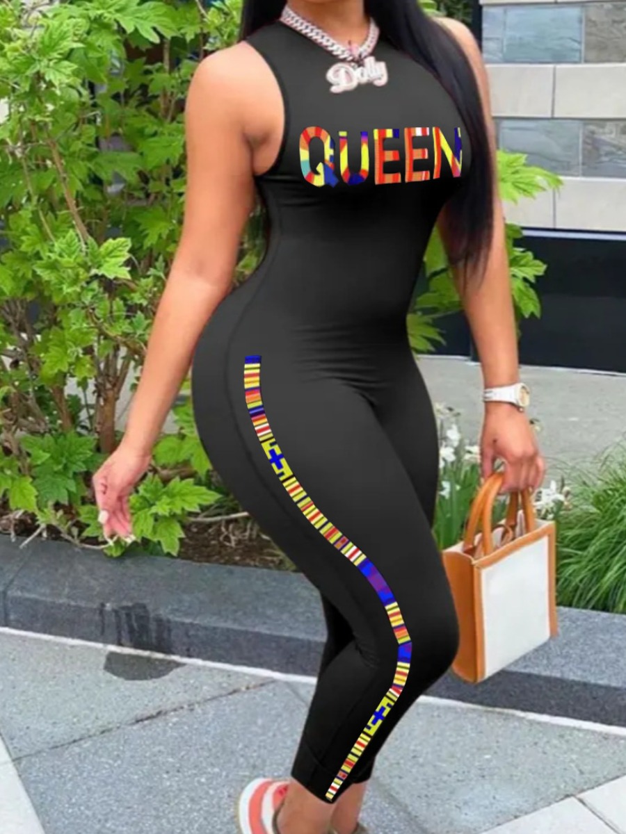 LW Queen Letter Print Striped Jumpsuit
