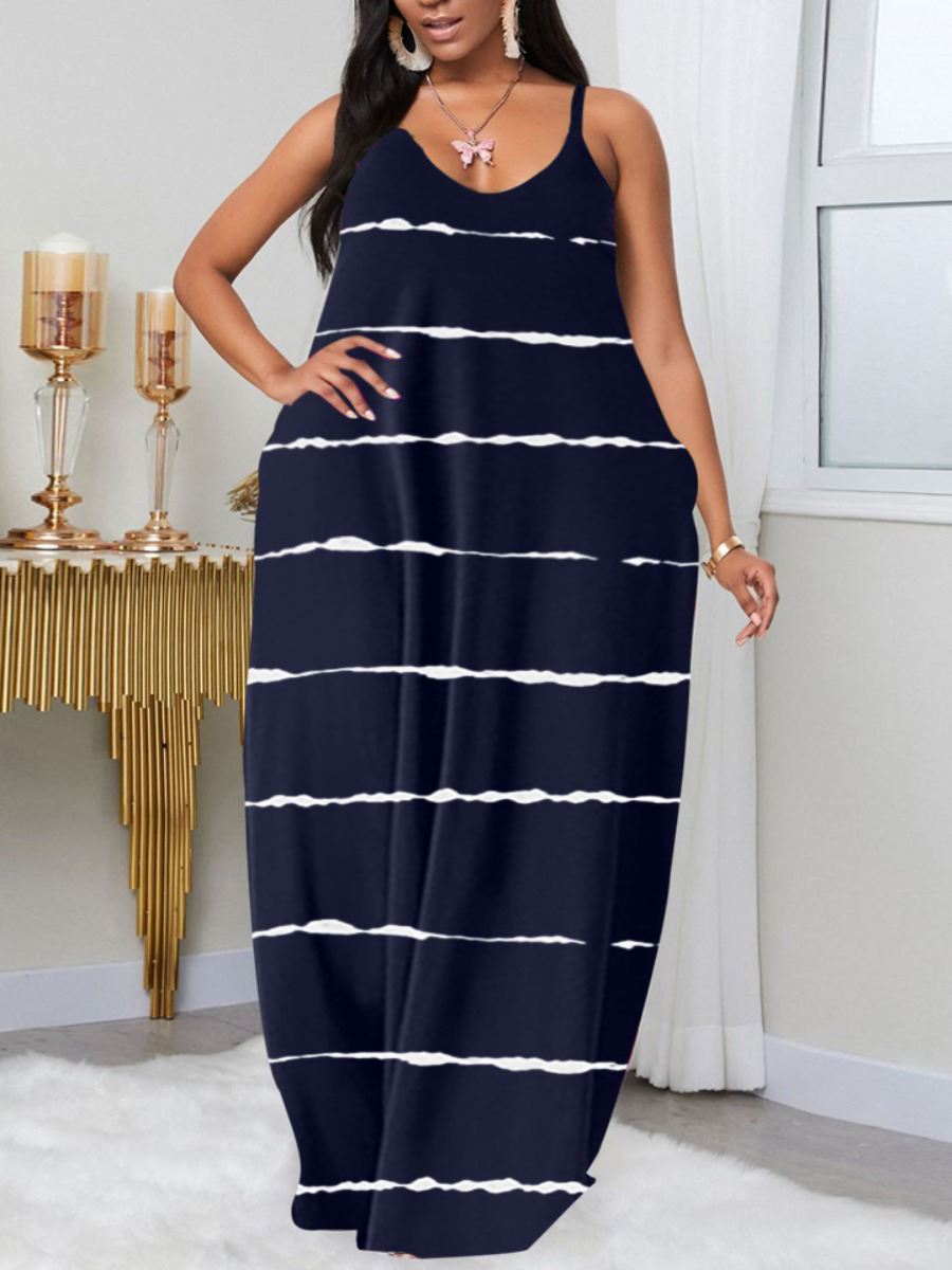 LovelyWholesale Plus Size Casual V Neck Print Dark Blue Floor Length A Line Dress Summer Sleeveless Casual Basic V Neck  5X Spring Summer 2024