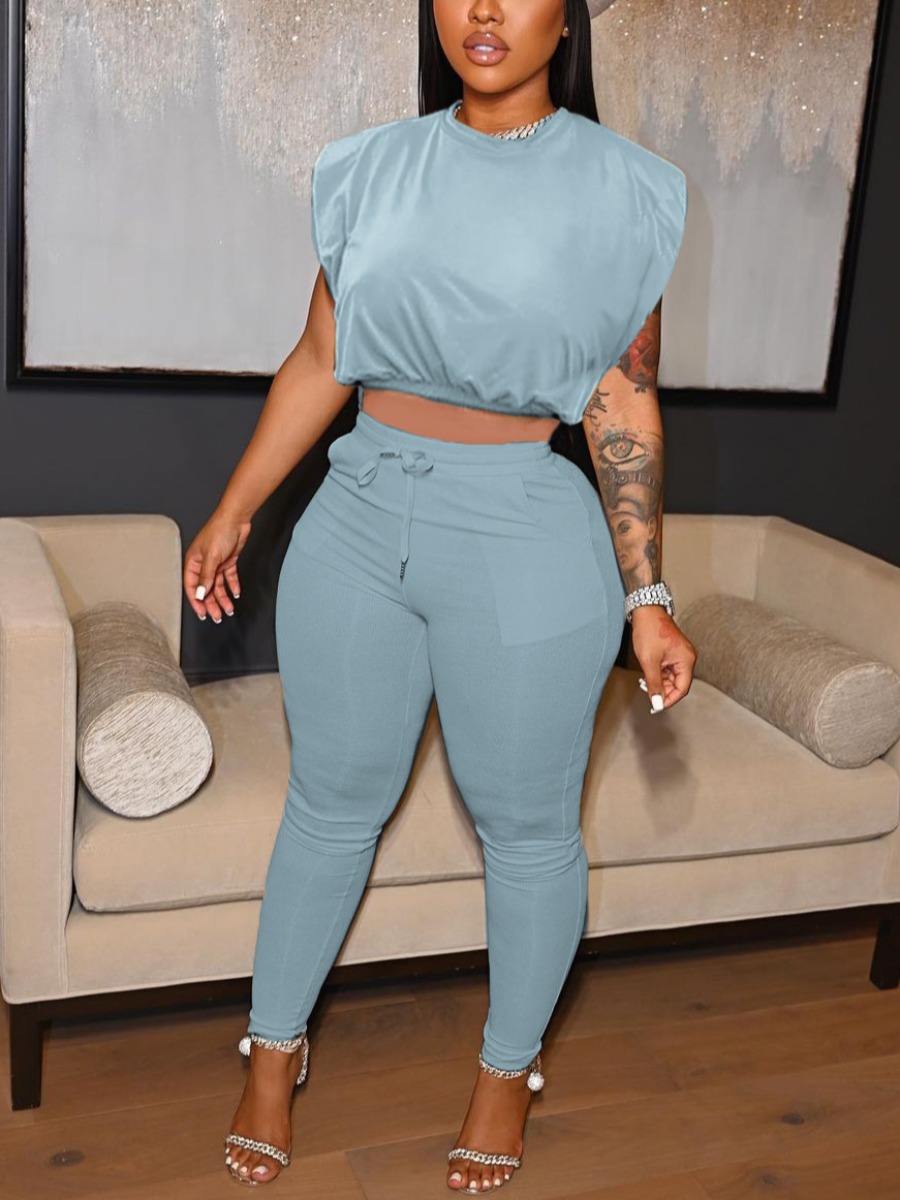 LovelyWholesale High Stretchy Drawstring Crop Top Pants Set Spring Sleeveless Casual Solid Color Round Neck Spring Summer 2024