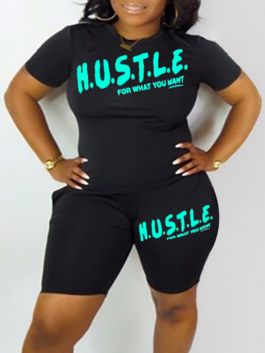 LW Plus Size Hustle Letter Print Shorts Set