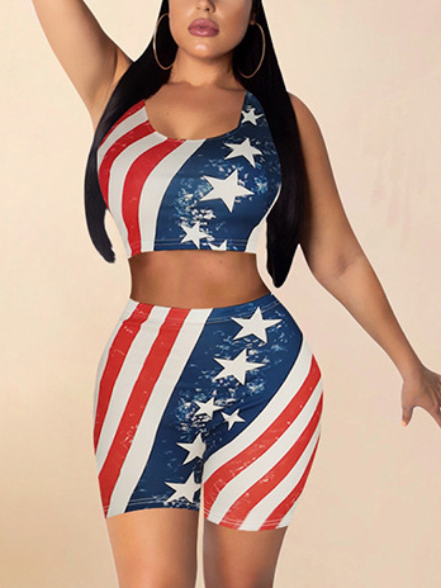 LW American Flag Star Print Shorts Set