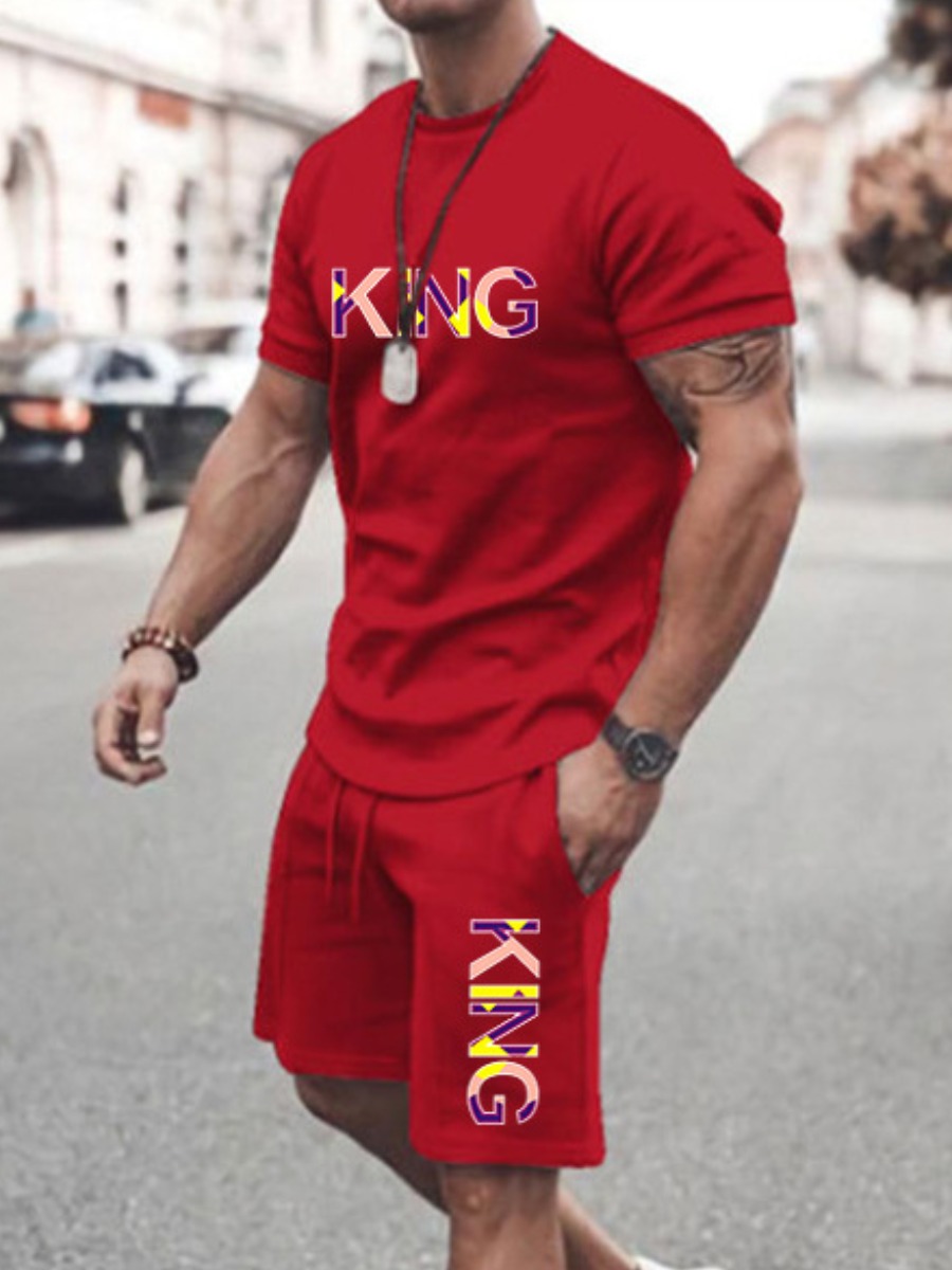 LovelyWholesale Men King Letter Print Shorts Set Summer Short Sleeve Casual Letter Round Neck Spring Summer 2024