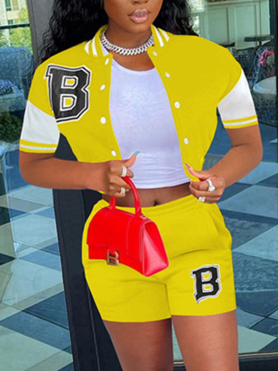 LovelyWholesale Letter Print Striped Shorts Set Summer Short Sleeve Street Baseball Collar Spring Summer 2024