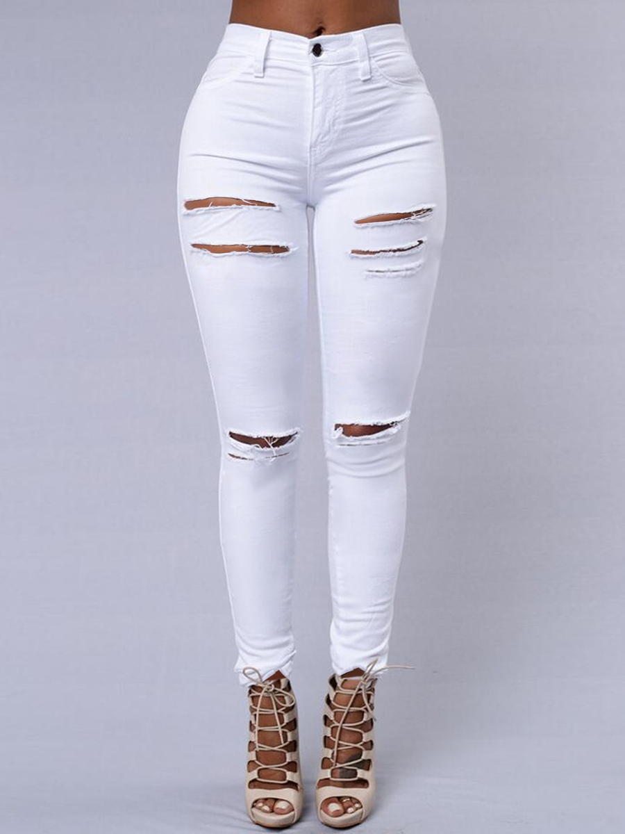 LW High Stretchy Broken Holes White Jeans Sale | LovelyWholesale