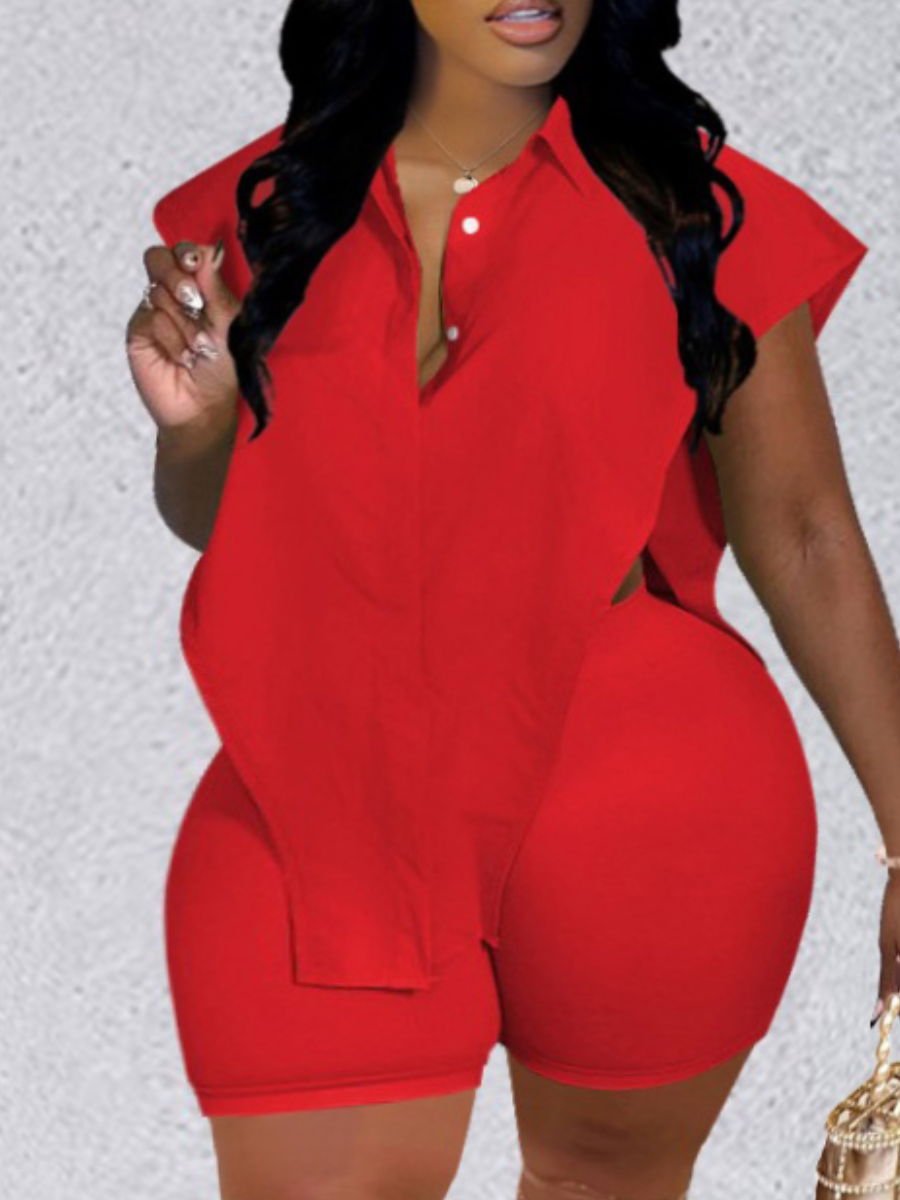 LovelyWholesale Plus Size Turndown Collar Side Split Shorts Set Summer Sleeveless Street Cut Out Shirt collar  5X Spring Summer 2024