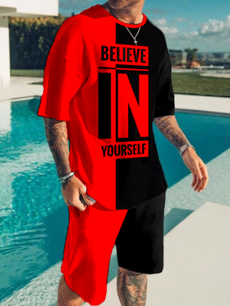 LW Men Round Neck Letter Print Shorts Set Sale LovelyWholesale