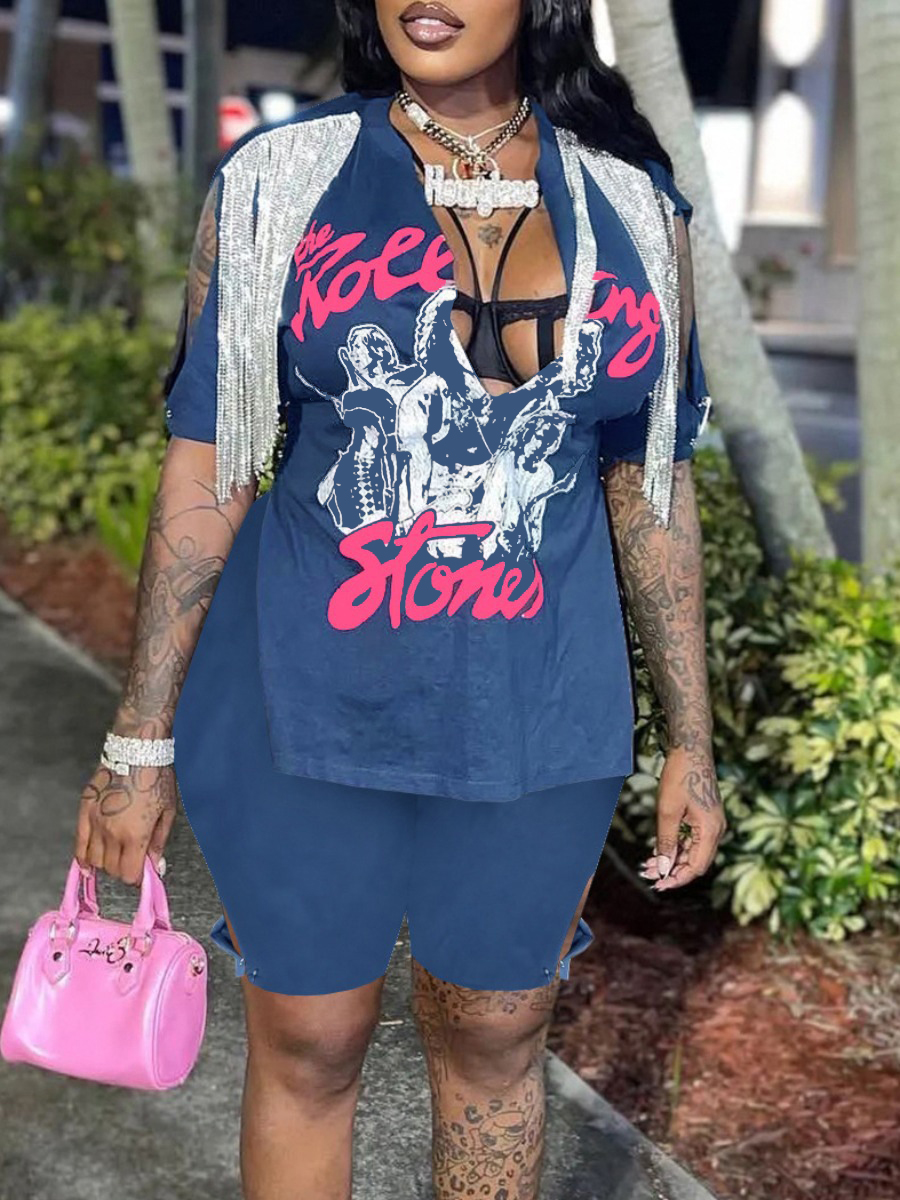 LW Plus Size Letter Print Tassel Design Split Shorts Set