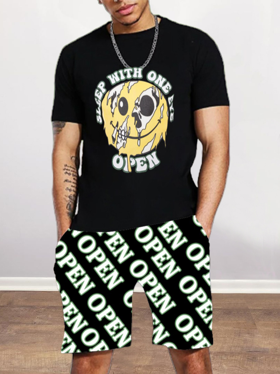 LW Men Cartoon Letter Print Shorts Set