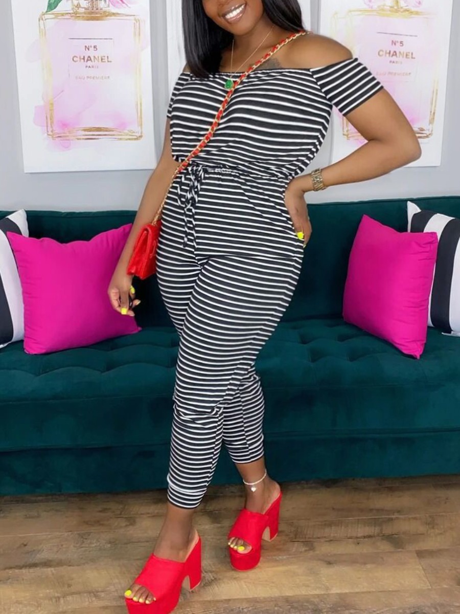 LW Plus Size Off The Shoulder Striped Jumpsuit