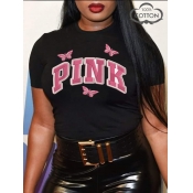 LW COTTON Plus Size Pink Letter Butterfly Print T-