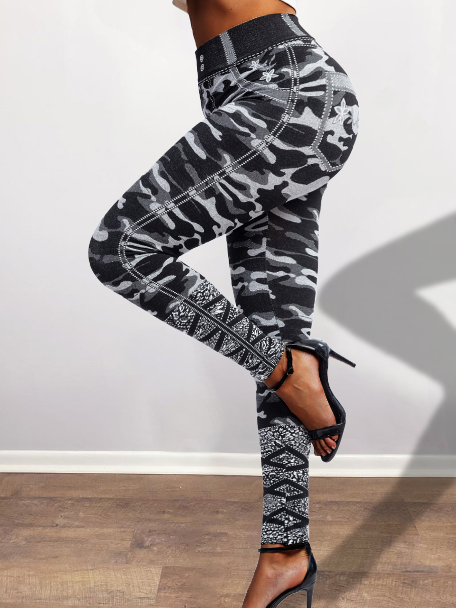 LovelyWholesale Plus Size Camo Print High Stretchy Leggings (Can Be Worn Inside Out) Spring|Fall Casual  M Spring Summer 2024