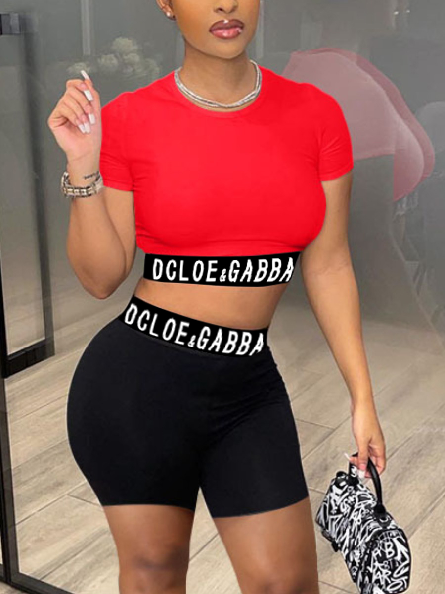 LW Crop Top Letter Print Shorts Set