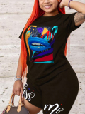 LW Plus Size Lip Letter Print Shorts Set