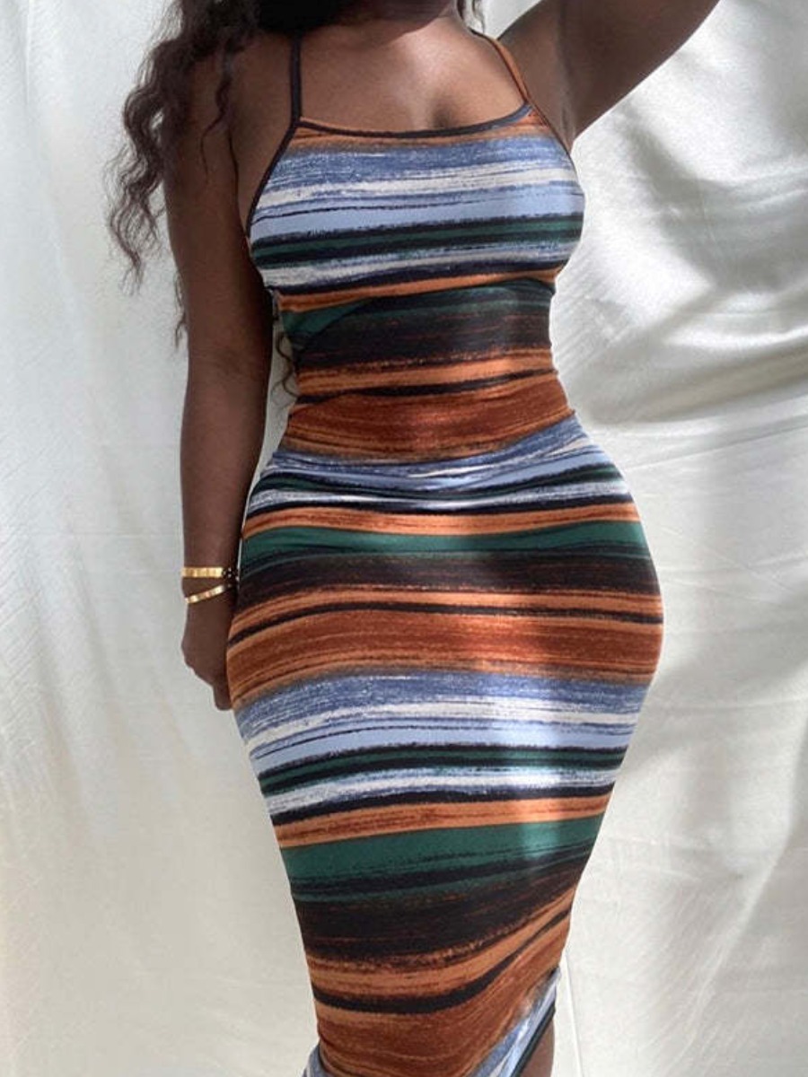 LovelyWholesale SXY Plus Size Striped Backless Bodycon Dress Summer Sleeveless Sxy Graffiti Element Spaghetti Strap  5X Spring Summer 2024
