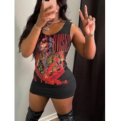 LW Skull Head Floral Letter Print Dress