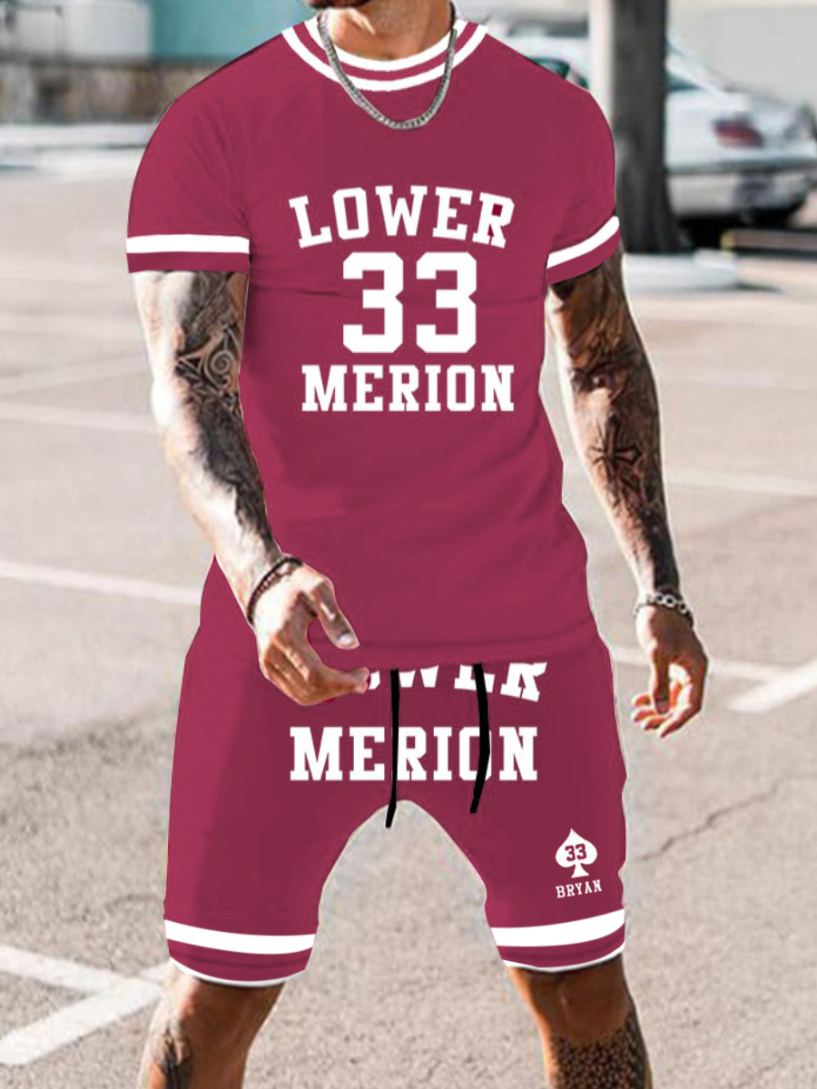 LW Men Letter Print Striped Shorts Set