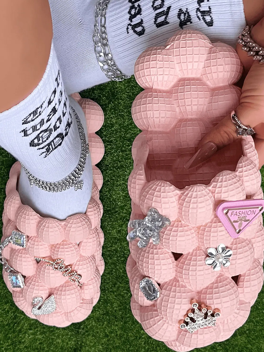 LovelyWholesale Peanut Design Crown Crystal Decor Slides Summer Casual Appliques Spring Summer 2024