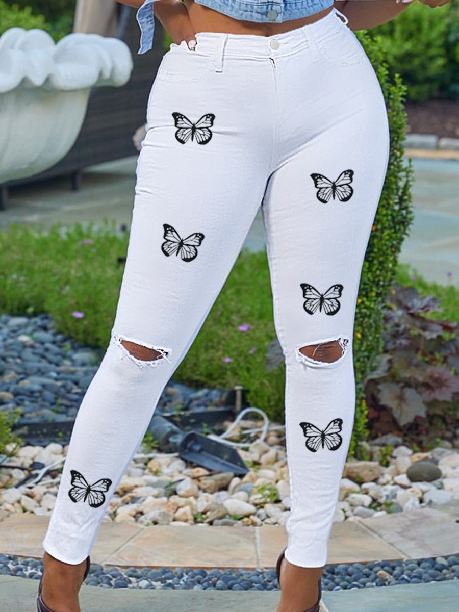 LW Butterfly Print Ripped Jeans
