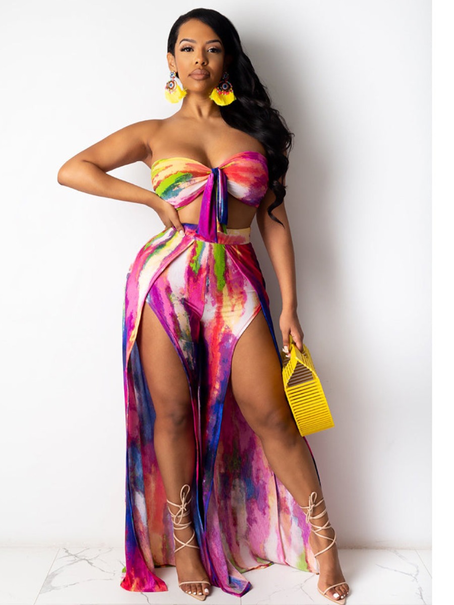 LW Tie-dye Bandage Design High Split Skirt Set