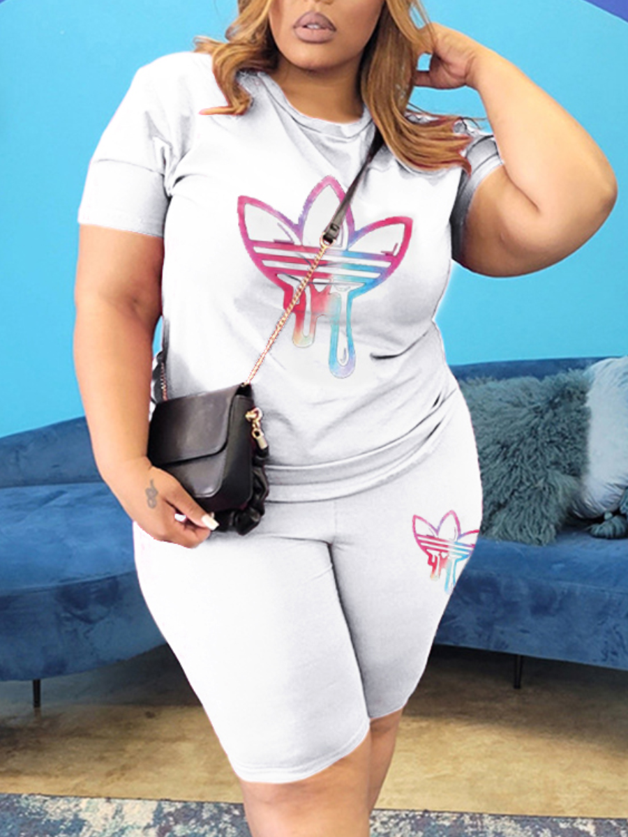 LW Plus Size Round Neck Gradient Print Shorts Set
