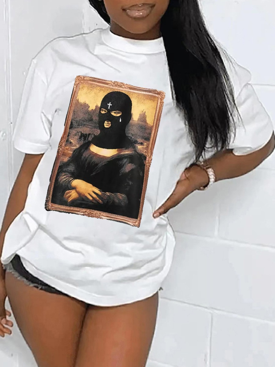 LovelyWholesale Masked Face Figure Print T-shirt Summer Short Sleeve Casual Round Neck Spring Summer 2024
