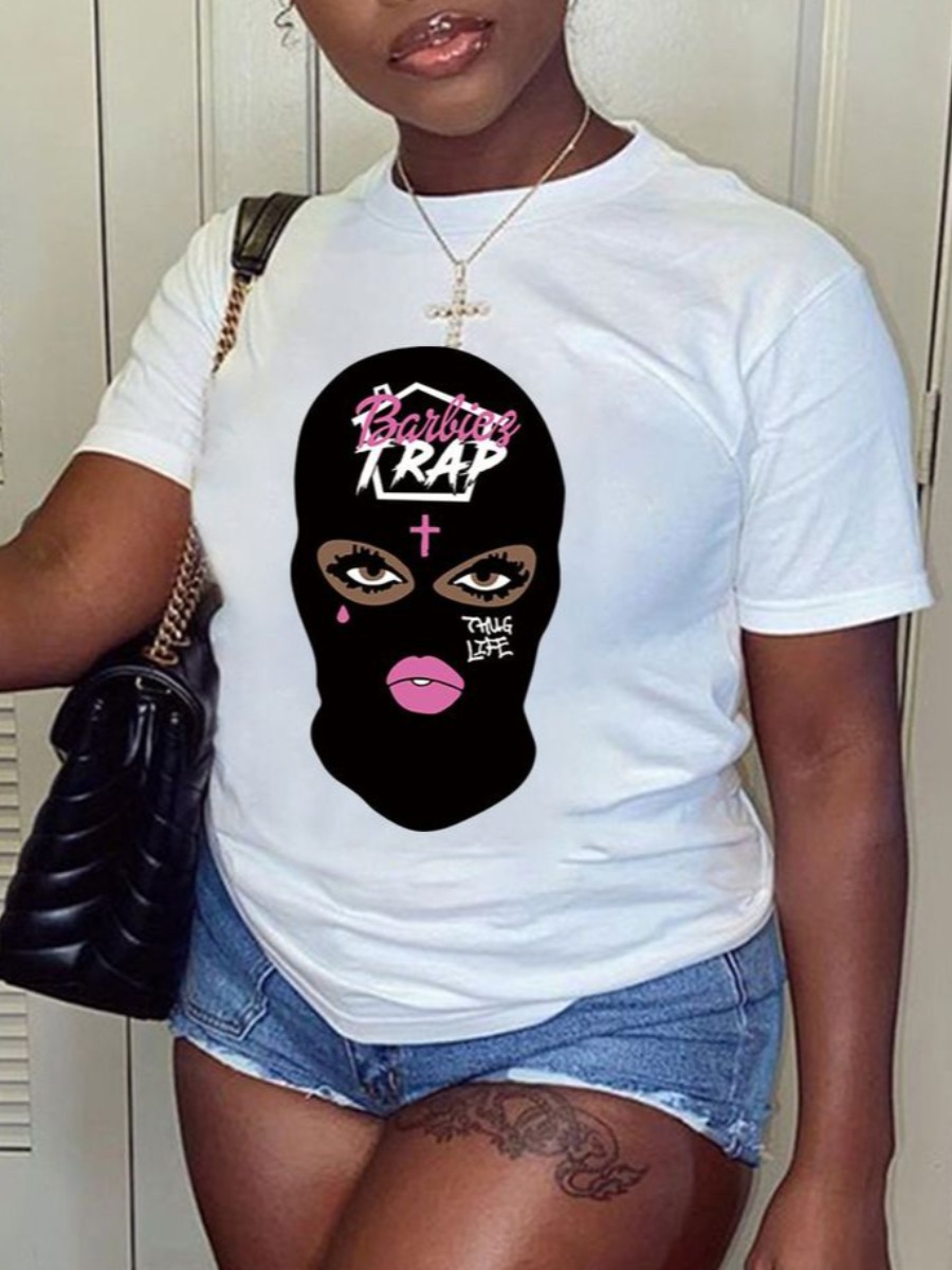 LovelyWholesale Plus Size Masked Face Figure Letter Print T-shirt Summer Short Sleeve Casual Round Neck  5X Spring Summer 2024