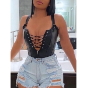 LW SXY Faux Leather Cross Strap Skinny Bodysuit
