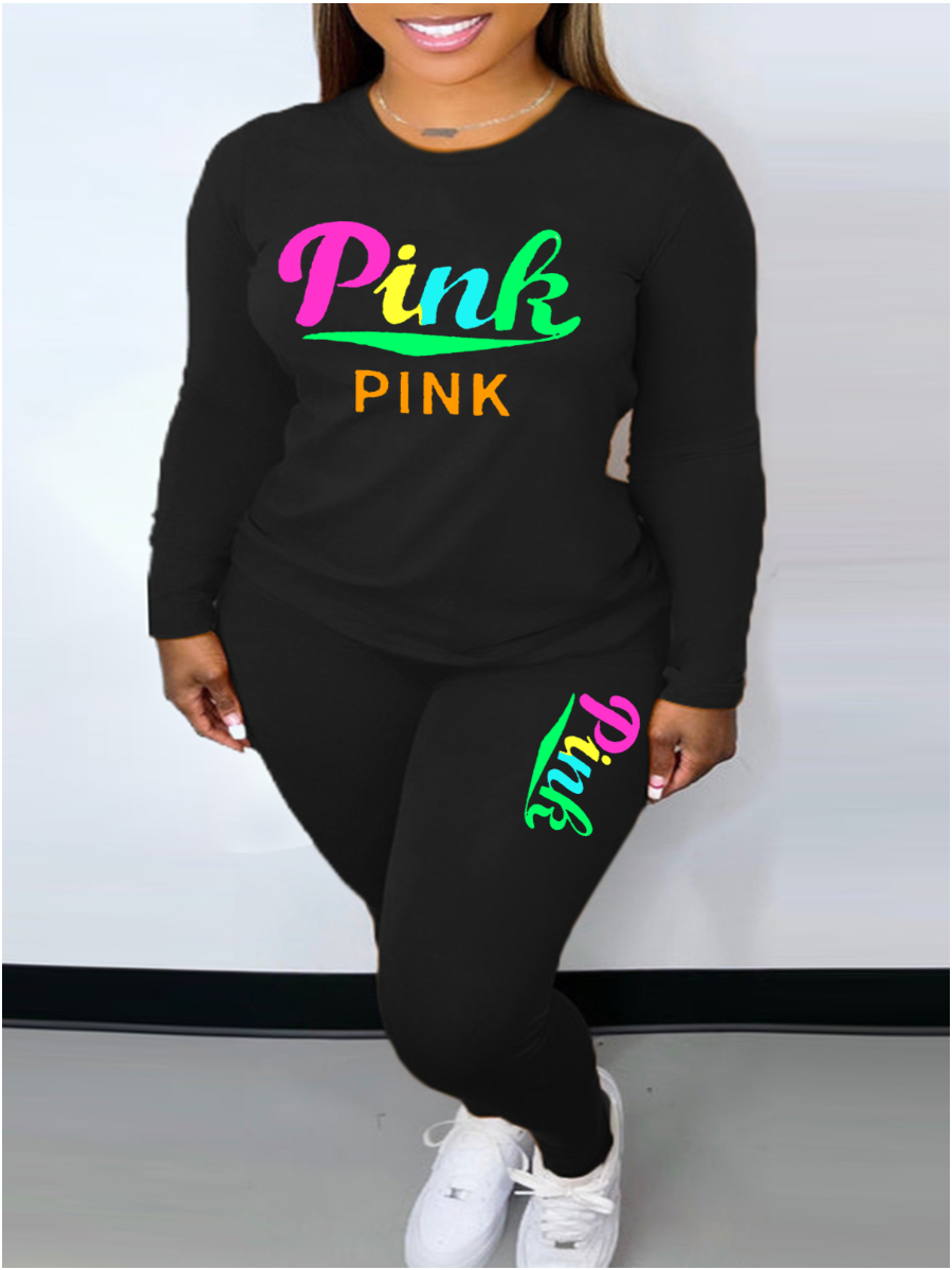 LW Plus Size Pink Letter Print Pocket Design Pants Set