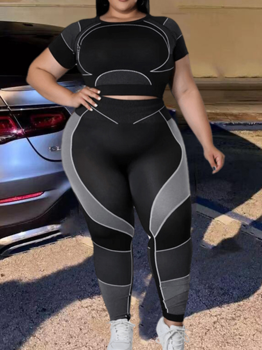 LW Plus Size Striped Patchwork Yoga Pants Set