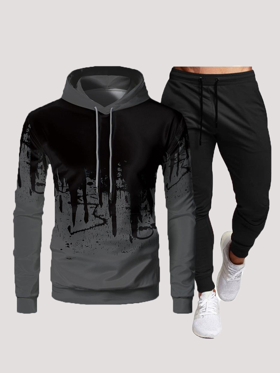 LW COTTON Men Hooded Collar Gradent Drawstring Tracksuit Set