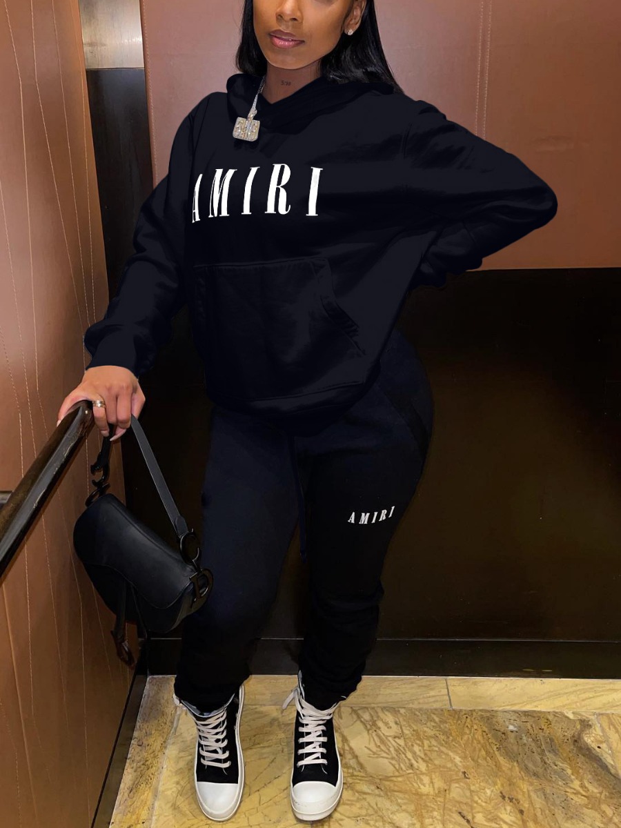 LW Letter Print Kangaroo Pocket Tracksuit Set
