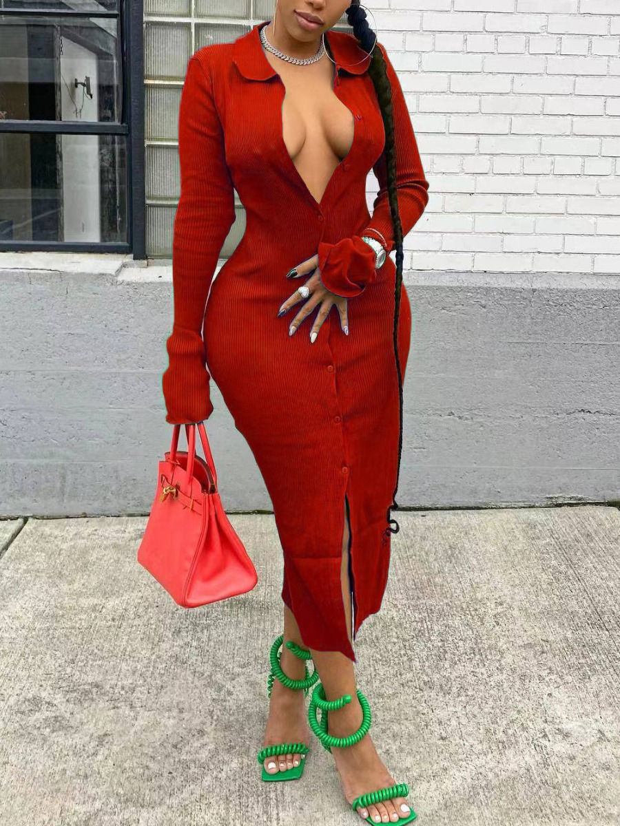 LovelyWholesale Rib Knit Button Design Flared Dress Fall Long Sleeve Elegant Solid Color POLO Collar Spring Summer 2024