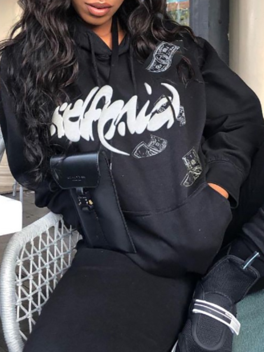 LW COTTON Letter Print Kangaroo Pocket Oversized Hoodie