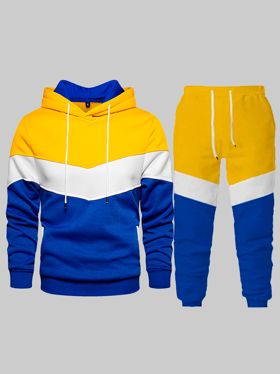 LW Men Hooded Collar Drawstring Patchwork Tracksuit Set