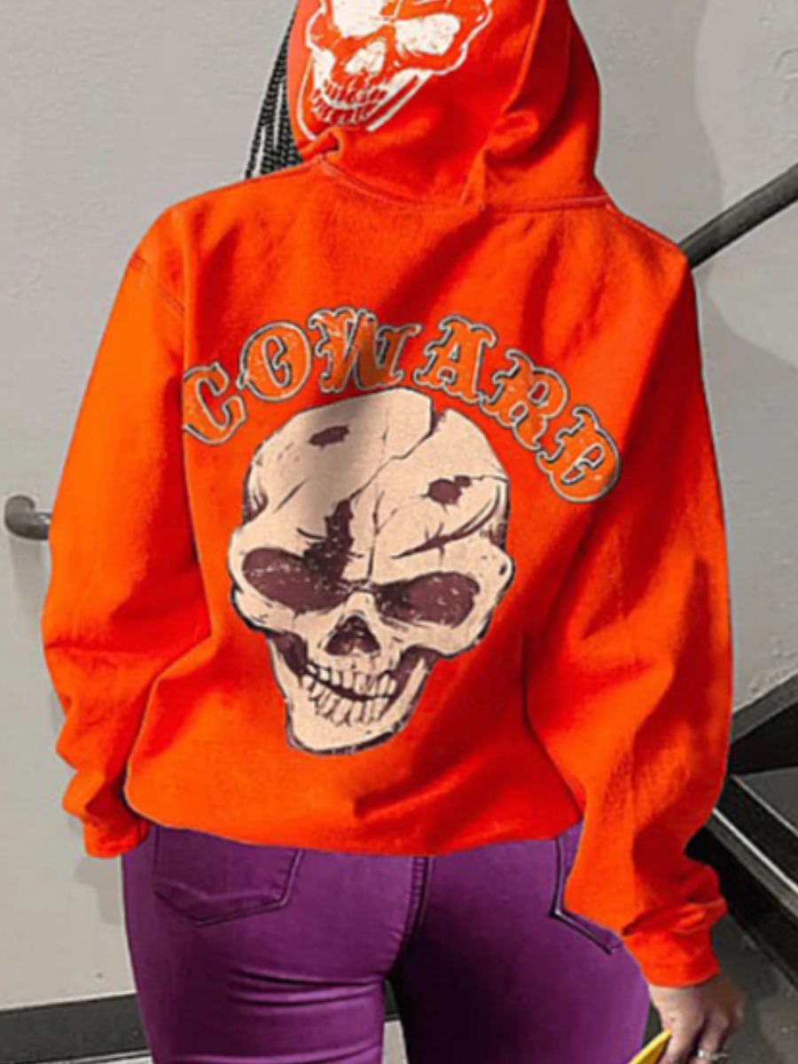 LW Plus Size Skull Head Letter Print Kangaroo Pock