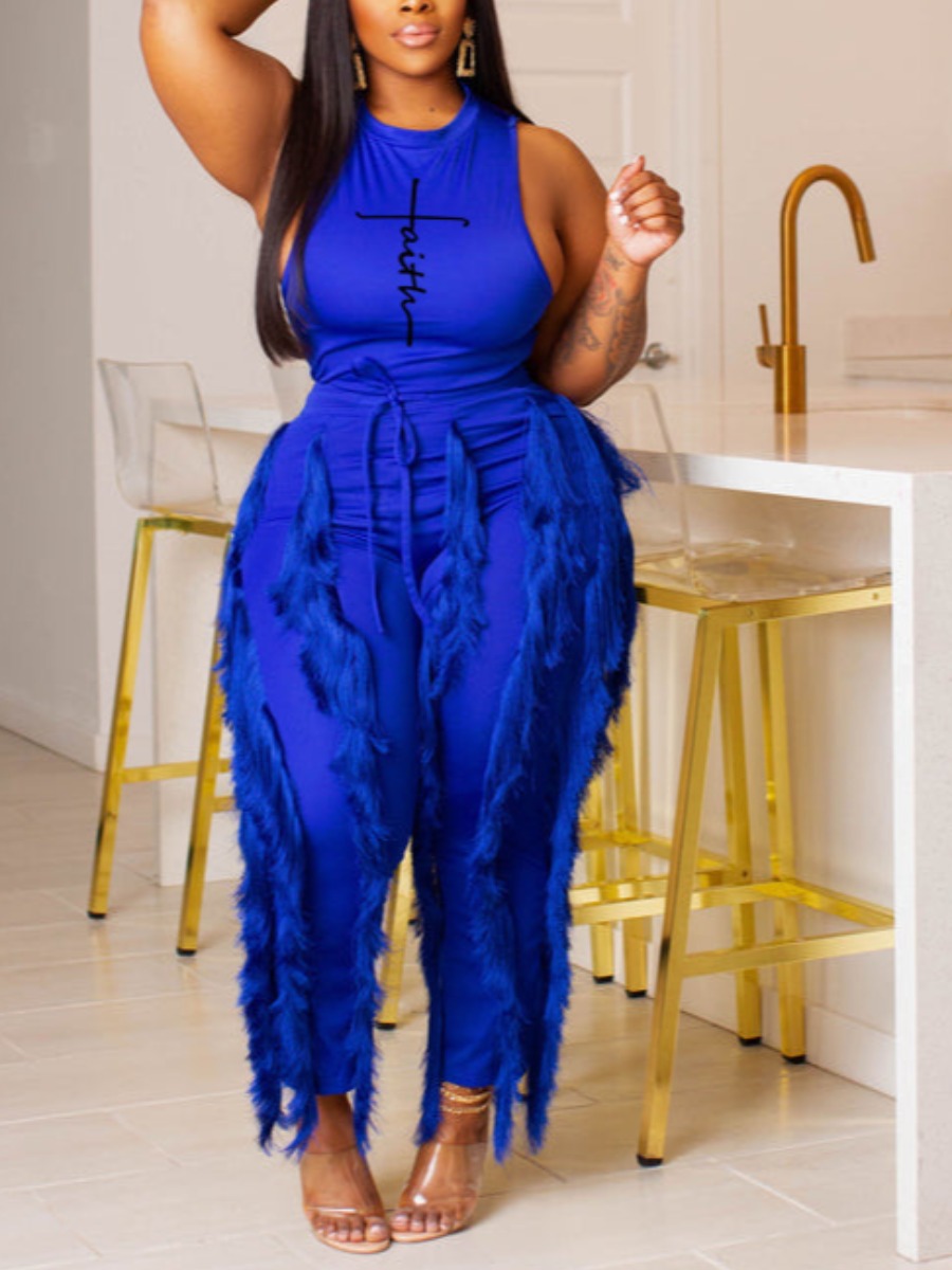 LovelyWholesale Plus Size Faith Letter Print Tassel Design Pants Set Spring Sleeveless Casual Solid Color Round Neck  3X Spring Summer 2024