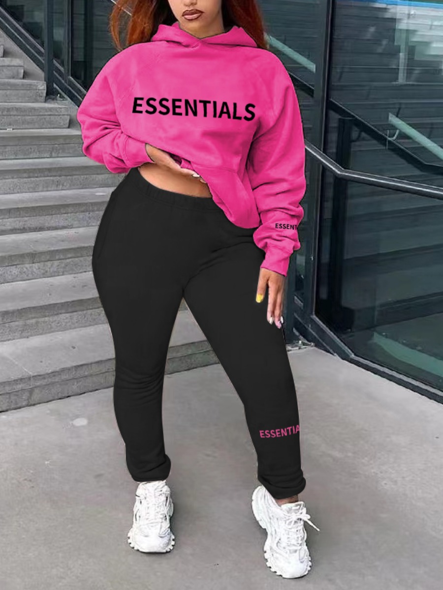 LW Plus Size Essentials Letter Print Kangaroo Pocket Tracksuit Set