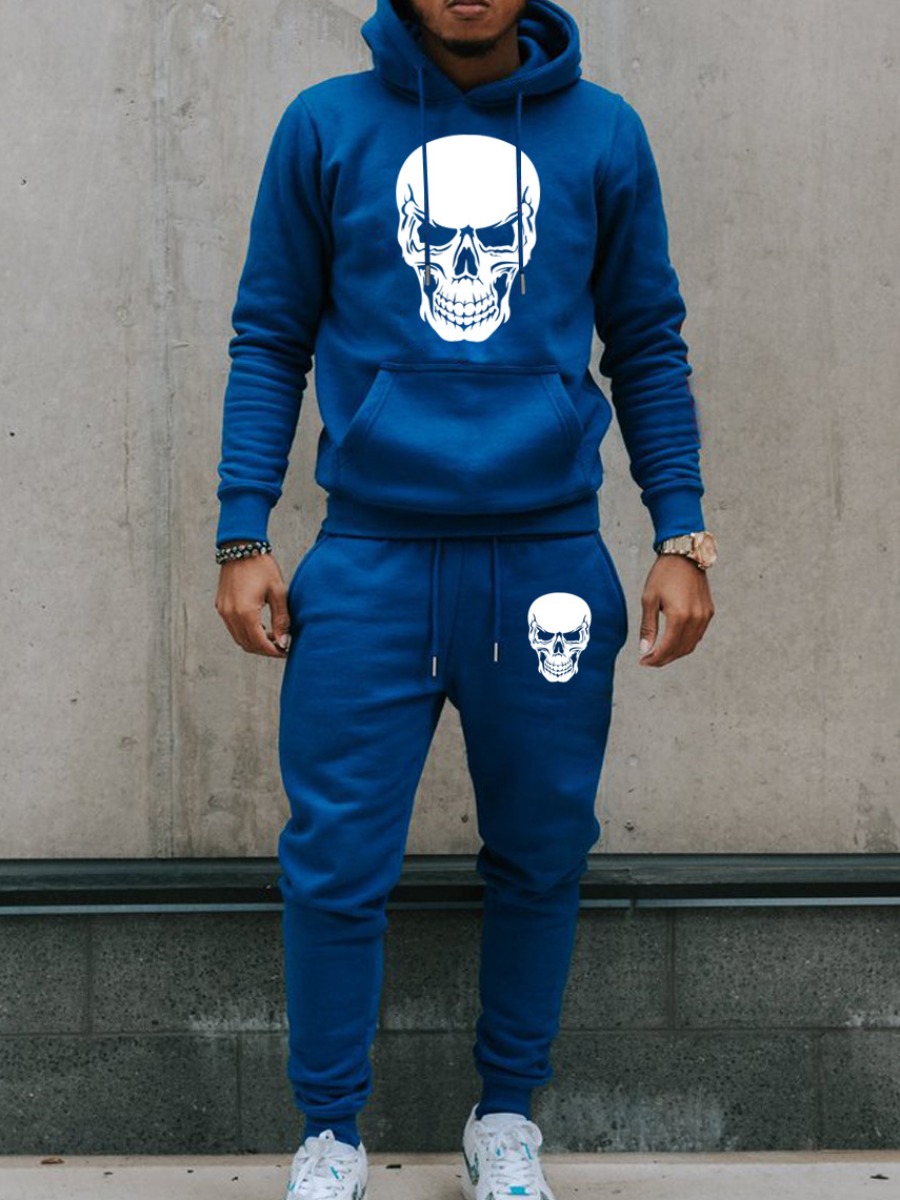 LW Men Skull Head Print Kangaroo Pocket Tracksuit 